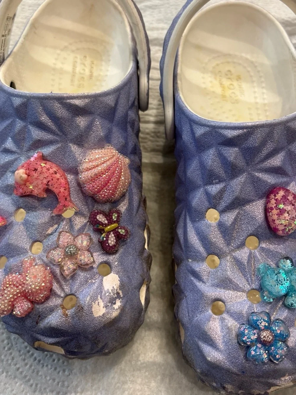 Crocs Classic Iridescent Geometric Clogs in Purple and White